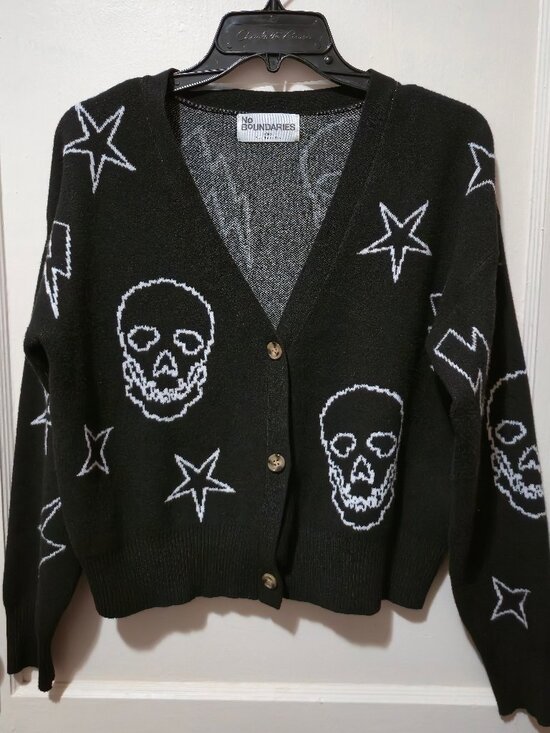 No Boundaries Sweaters - No Boundaries Black Sweater Cardigan Skulls and Stars Sz S